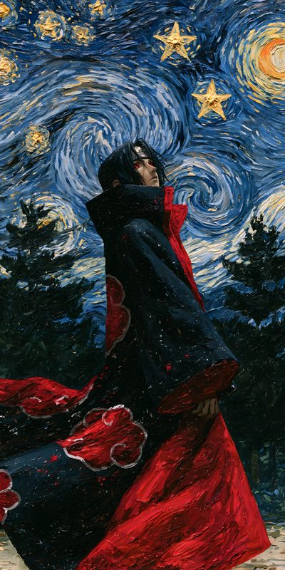a painting of a woman in a red dress and black coat with stars on the background Itachi Uchiha Halloween Naruto Painting Ideas, Naruto Acrylic Painting, Iphone Kawaii, Dope Art, black