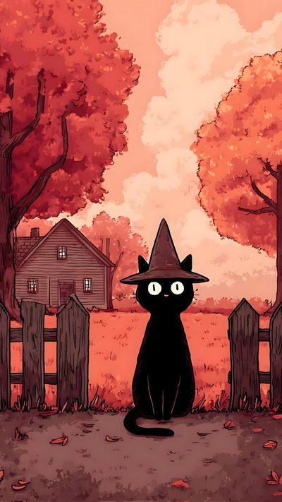 a black cat wearing a witches hat sitting in front of a fence Anime Cat Halloween Cozy Halloween, October Iphone Halloween, Fall With Cat, Pumpkin Cat, October, indian red