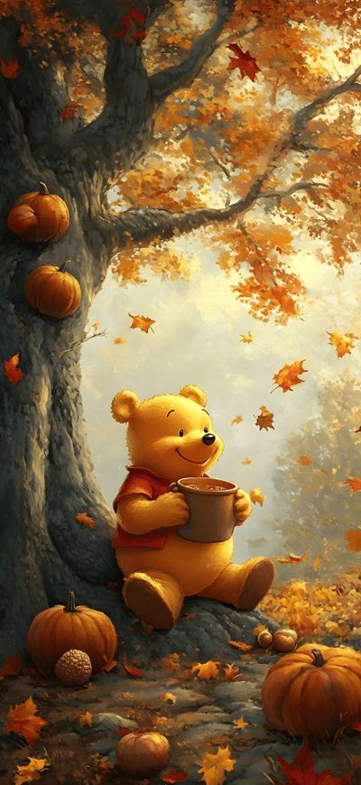 a painting of a teddy bear holding a cup in front of a tree filled with pumpkins Disney Halloween Winnie The Pooh Winnie The Pooh Thanksgiving, Fall Disney, Lock Screen Cute Fall Winnie The Pooh, sienna