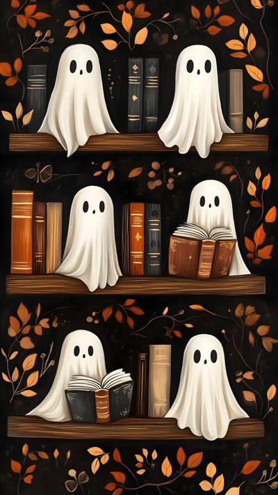 two bookshelves with ghost faces on them Halloween Library Image Halloween, Halloween Iphone Backgrounds, Halloween Backgrounds, Diy Gem, black