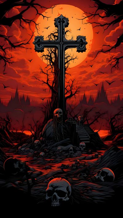 a cross in the middle of a graveyard with skulls around it and blood on the ground Halloween Cross Graveyard Hd, Cemetery Phone, Cemetery, Graveyard Iphone, Graveyard, black