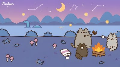 two cats are sitting around a campfire Desktop Pusheen Halloween Pusheen Pc, Pusheen Landscape, Pusheen Forest, Pusheen Camping, light slate gray