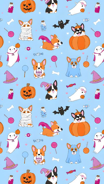a blue background with dogs and pumpkins Halloween Corgi Pattern Pumpkin And Dog Pattern Design, Pumpkin With Dog Illustration, Halloween Dog, pale turquoise