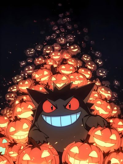 an animated pokemon character surrounded by pumpkins with glowing eyes and fangs on their faces Gengar Halloween Wow Art, Rayquaza Pokemon, Pokemon Halloween, Pokemon Backgrounds, dark slate gray