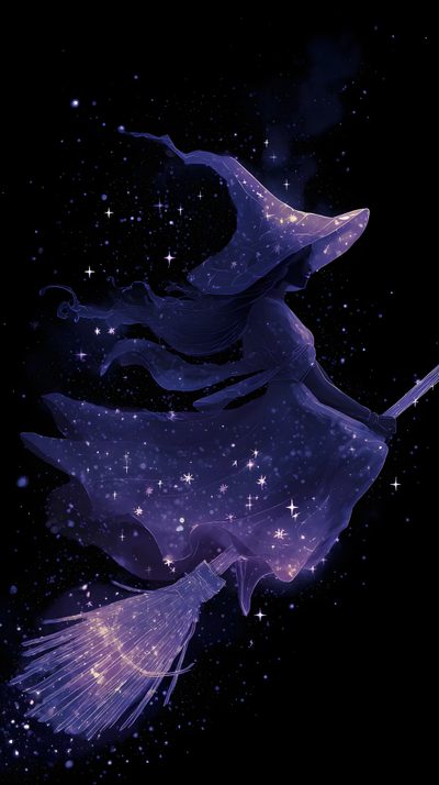 a witch flying through the night sky with her broom in her hand and stars all around Halloween Purple Witch Hedge Witchery, Witch, Minimal Background, Witch Pictures, Witch Queen, black