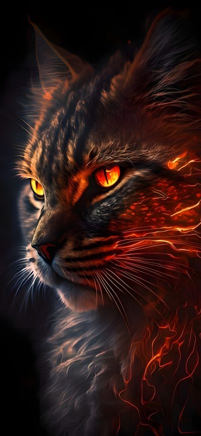 a close up of a cat's face with bright orange and red lights on it Halloween Fiery Felines-black Custom Fire Animals, Fiery Cat, Flaming Cat, Fire Cool Panther,