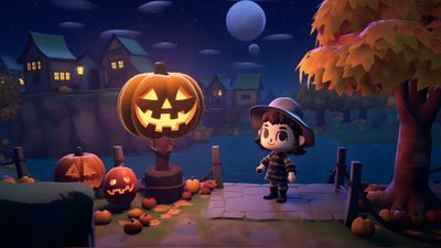 an animated halloween scene with pumpkins and jack - o'- lanterns in the background Acnh Halloween Pumpkin Spice Season, Pc, Animal Crossing, Halloween, Animals, dark slate gray
