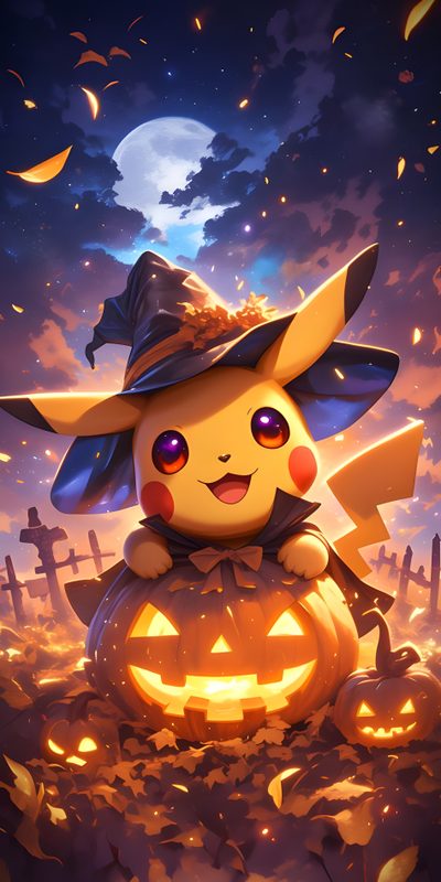 pikachu sitting on top of a pumpkin in front of a full moon sky Halloween Pokémon Cute Halloween Pikachu, Pikachu Halloween Pictures, Halloween Pikachu Image, saddle brown