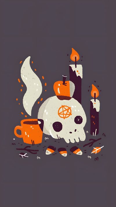 an illustration of a skull with candles and other items around it on a dark background Dnd Halloween Cute Spooky Phone, Cute Spooky Lockscreen, Spooky Phone Inspiration, dark slate gray