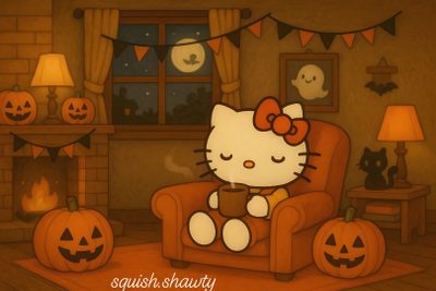 a hello kitty sitting in a chair next to pumpkins Hello Kitty Halloween Ipad For Computer Fall, Hello Kitty Fall Ipad, Halloween Tablet, saddle brown