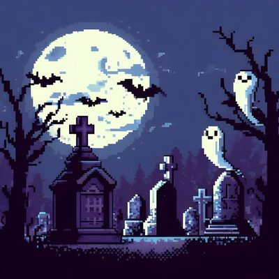 an old graveyard with tombstones and graves in front of a full moon 8 Bit Halloween Halloween Decoration Ideas, Halloween Pixel Art, Nighttime Spooky Scene, dark slate blue