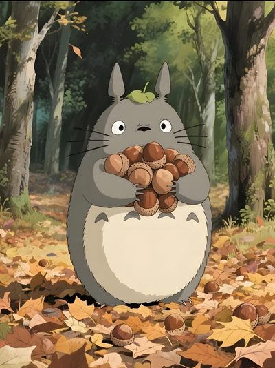 the cartoon totoro is holding nuts in front of some trees and fallen leaves Totoro Halloween Cartoon Fall Trees, Autumn Totoro, Autumn Ghibli, Fall Studio Ghibli, dim gray