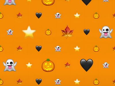 halloween wallpaper with pumpkins, ghost and stars on an orange background that is seamless Halloween Emoji Fall Halloween Emojis, Halloween Emoji, Preppy Halloween Laptop Aesthetic, dark orange