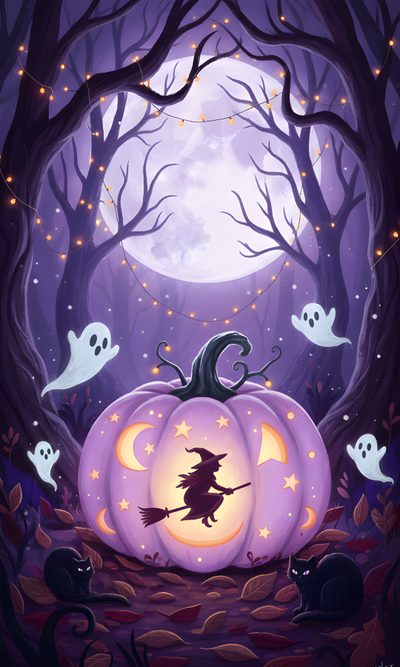 a painting of a halloween pumpkin in the woods Enchanted Halloween Purple Halloween Iphone, Purple Halloween Background, Cute Purple Halloween, dark slate blue