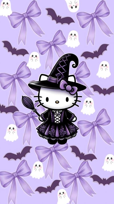 a hello kitty halloween wallpaper with bats and ghostes in the background, as well as an image of a cat wearing a witches hat Purple Hello Kitty Halloween Halloween Gif, Pretty Brunette, Sanrio, Iphone Girly, Halloween, lavender