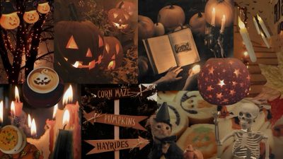 halloween themed collage with candles, pumpkins and other things in the background on display Halloween Collage Fall Aesthetic Vintage Laptop, For Computer Fall, Summerween Laptop, saddle brown