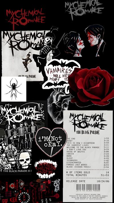a bunch of stickers that are on the side of a sheet of black paper Mcr Halloween Mcr Halloween, My Chemical Romance, Three Cheers For Sweet Revenge, Mcr Aesthetic, black