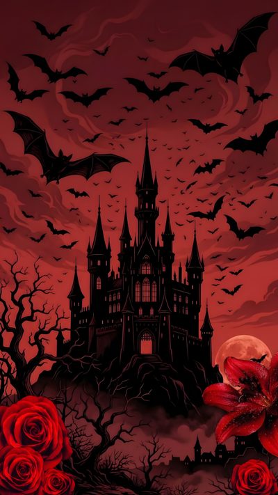 a castle with bats and roses in the foreground, on a dark red background Halloween Vampire Halloween Image, Ravenloft Art, Gothic Castle, Horror Tattoo, Dark And Twisted, maroon