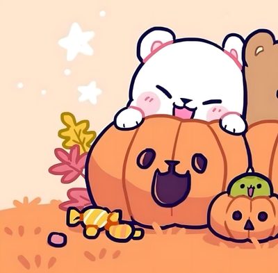two cats sitting on top of pumpkins in the ground with other items around them Milk And Mocha Halloween Halloween Profile Pics, Milk & Mocha, Best Friend Match, Fairy, light salmon