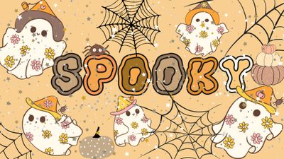 the word spooky is surrounded by cute ghostes and pumpkins on a yellow background Cute Halloween For Chromebook Fall Chromebook, Fall Chromebook Backgrounds, Halloween Chromebook, khaki