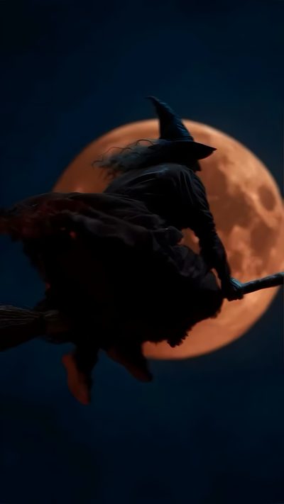 a person on a broom flying in front of a full moon Witch Broomstick For Halloween Happy Halloween Gif, Halloween Live, Happy Halloween Pictures, black