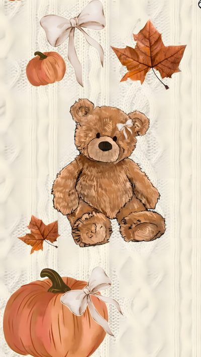 a brown teddy bear sitting next to a pumpkin Clean Girl Halloween Cute Fall Backgrounds, Halloween Iphone Backgrounds, Halloween Cute, light gray