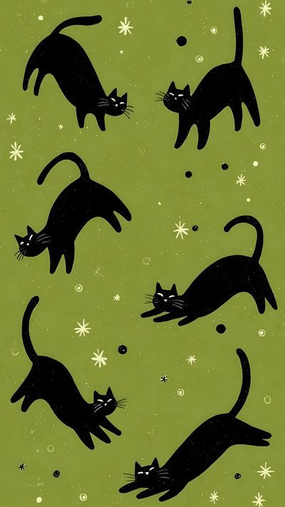 black cats on green background with snowflakes and stars in the sky, all looking at each other Cute Retro Style Halloween Black Cats Fondos De Pantalla Para Ipad, Phone Patterns, Cute Patterns, olive drab