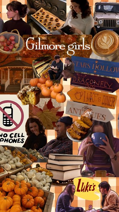 collage of various images including oranges, books, and other things in the background Gilmore Girls Halloween Dragonfly Inn, Gilmore Girls Dragonfly Inn, I Will Rise, Stars Hollow, saddle brown