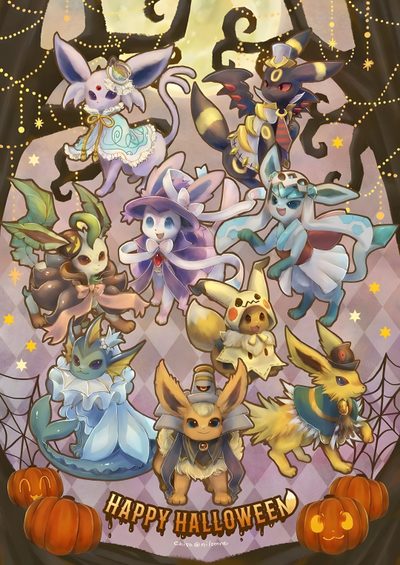 a group of pokemons with pumpkins and bats Eevee Evolutions Halloween Eevee Halloween Art, Eevee Lutions, Sylveon Halloween, rosy brown
