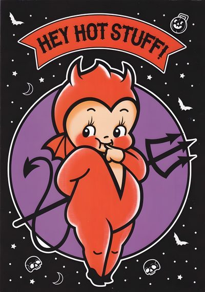 an image of a cartoon devil with the words hey hot stuff on it's chest Kewpie Halloween Kewpie Doll Devil, Kewpie Halloween, Kewpie Devil Drawing, Devil Kewpie, dark slate gray