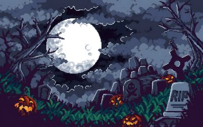 a cross stitch halloween scene with pumpkins and tombstones 8 Bit Halloween Pixel Art Games, Halloween Vector, Halloween Backgrounds, Halloween, Game Art, dark slate gray
