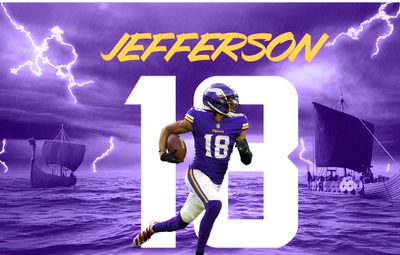 a football player is running in the water with lightning behind him and an image of a boat Justin Jefferson Halloween Custom Football Player, Football Player Running With Ball, Purple And Gold Sports Theme, slate blue