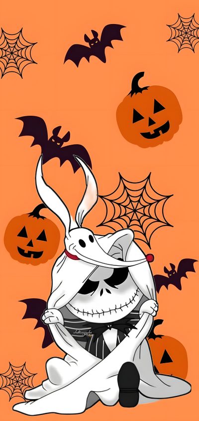 a cartoon character sitting on the ground in front of pumpkins with bats flying around Cute Halloween Nightmare Before Christmas Cute Halloween Nightmare Before Christmas, Halloween Iphone Nightmare Before Christmas, Fall Nightmare Before Christmas, coral