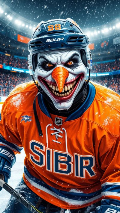 an image of a hockey player in the snow with his face painted like a clown Hockey Halloween The Man, dark olive green