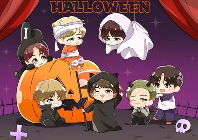an animated halloween scene with kids dressed in costumes Bts Halloween Laptop Bts Pumpkin Painting, Bt21 Pumpkin Painting, Bt21 Thanksgiving, Bt21 Halloween, dim gray