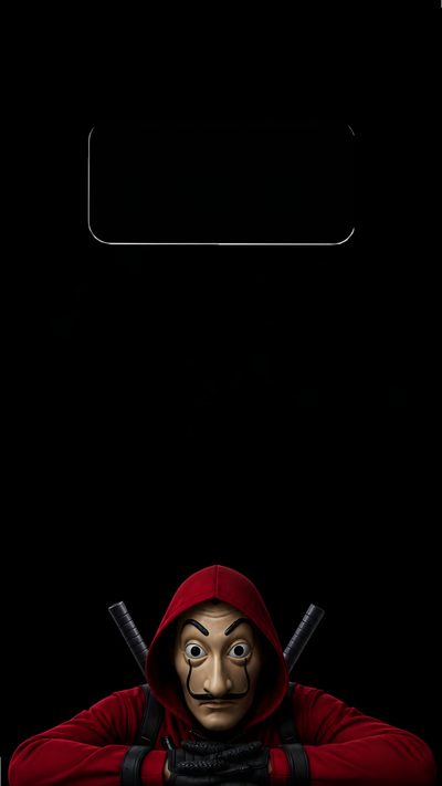 a man in a red hoodie with two swords on his head and an empty sign above him Juvea Halloween 4k Money Heist Poster, Money Heist Aesthetic, Money Heist Painting, Money Heist 4k, black