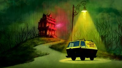 a van parked on the side of a road in front of a house with a light coming from it Scooby Doo Halloween Desktop Fantasy Landscape, Scooby Doo Pictures, Background Scooby Doo Background, dark olive green
