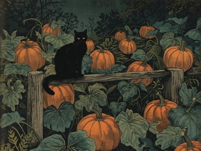 a black cat sitting on a fence surrounded by pumpkins Halloween Cat For Walls Spooky Autumn Desktop, Cottagecore Halloween Aesthetic, Halloween Themes, dark slate gray