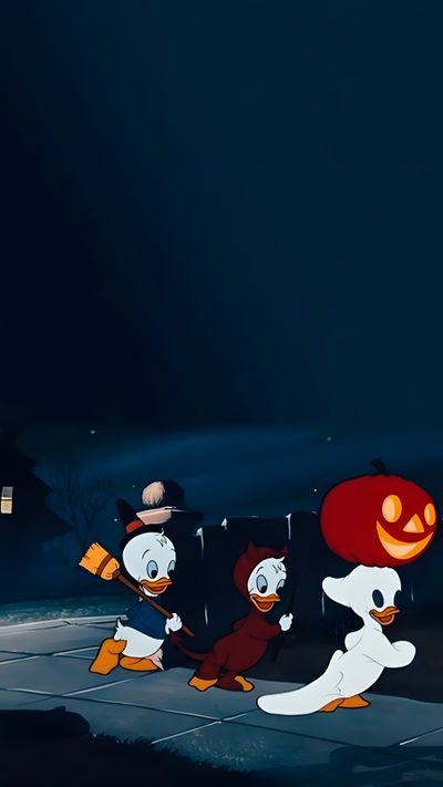 three cartoon characters dressed in halloween costumes, one holding a pumpkin and the other running Nostalgic Halloween Iphone Vintage Cartoon Halloween, Halloween Disney Aesthetic, Disney Halloween Aesthetic, black