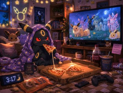 a cartoon character eating pizza in front of a tv with pokemon characters on the screen Umbreon Halloween 1920x1080 Laptop, Pokemon For Laptop, Pokemon Landscape, Pokemon Binder, dark slate gray