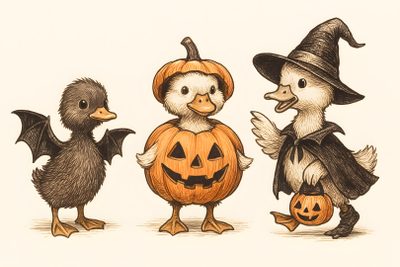 three ducks dressed up as witches and one is holding a jack - o'- lantern Halloween Ducks Halloween Cute Drawings, Spooky Animals, Animal In Ghost Costume Drawing, old lace