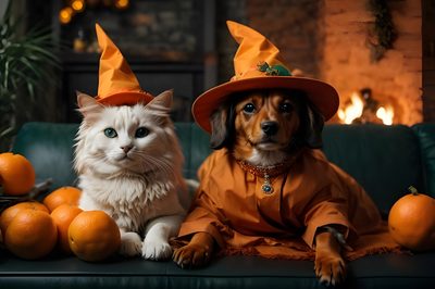 two cats and a dog dressed up as witches sitting on a couch with oranges Cute Dog And Cat Halloween Halloween Pets, Cat And Dog Halloween, Halloween Pet Background, dark slate gray
