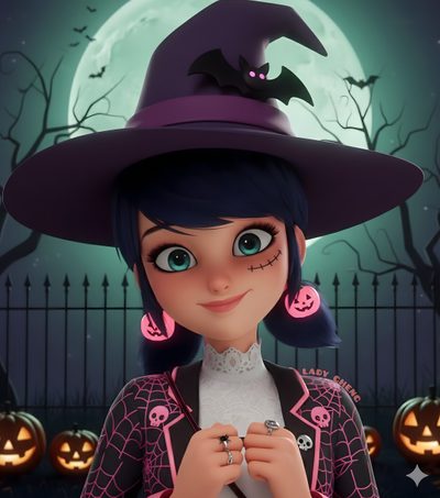 a cartoon girl wearing a witches hat with her hands in her pockets and looking at the camera Miraculous Ladybug Halloween Halloween Miraculous, Marinette And Adrien, Miraculous Ladybug Movie, dark slate gray