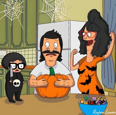 the family is dressed up for halloween in their kitchen with pumpkins on the table Bobs Burger Halloween Bobs Burgers Thanksgiving, Bob's Burgers, Bob Burgers Halloween, peru