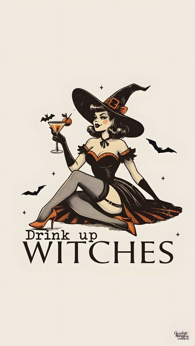 a woman dressed as a witch sitting on the ground with a glass in her hand Halloween Pinup Art Witchy Halloween Iphone, Vintage Witch Iphone, Vintage Halloween Phone, antique white