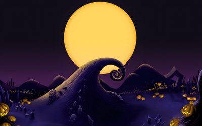 an animated halloween scene with pumpkins on the ground This Is Halloween Nightmare Before Christmas Nightmare Before Christmas Sky, Nightmare Before Christmas Mountain, Nightmare Before Christmas Hills, black