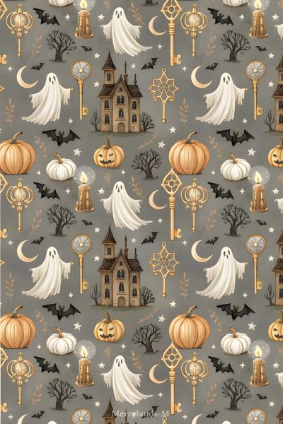 a halloween themed wallpaper with lots of pumpkins and ghost decorations on it's side Halloween For Walls Cute Backgrounds Halloween, Floating Ghosts, Halloween Charms, Gothic Halloween, gray