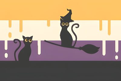 two black cats sitting on top of a purple and yellow striped wall next to each other Nonbinary Halloween Aroace Halloween Flag, Halloween Pan Flag, Agender Halloween Flag, dim gray