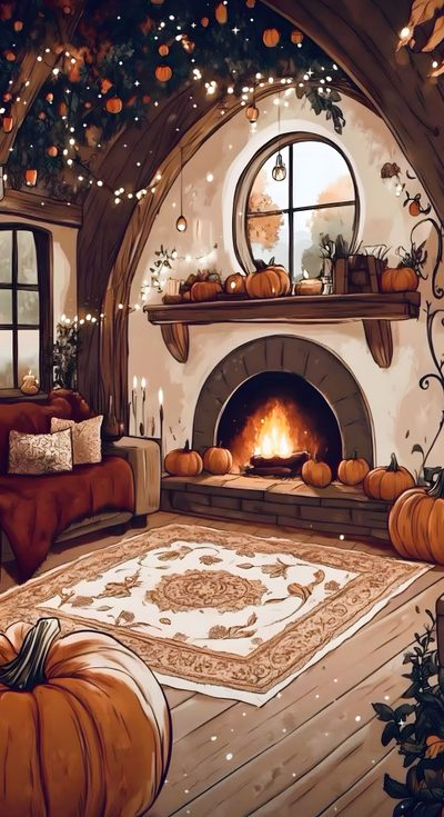 a living room filled with furniture and a fire place covered in lots of pumpkins Halloween Fireplace Cozy Desktop Background, Fall Cozy, Cosy Autumn Home, Autumn Cottage, sienna