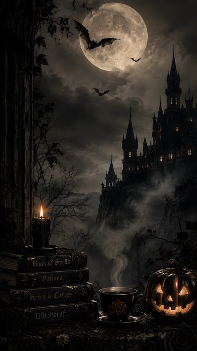 a halloween scene with pumpkins, books and a castle in the background at night Dark Halloween Twisted Tree, Haunted Castle, Dark Gothic, Gothic Halloween, Witchy Vibes, black